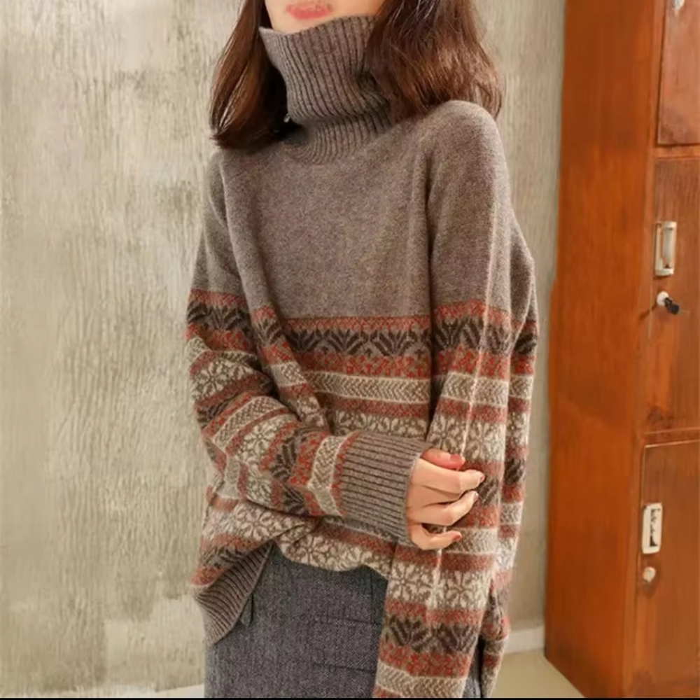 High-collar Sweater Women's Pullover Autumn/winter Loose-fit Jacquard-knit Thick - Picture 3 of 4